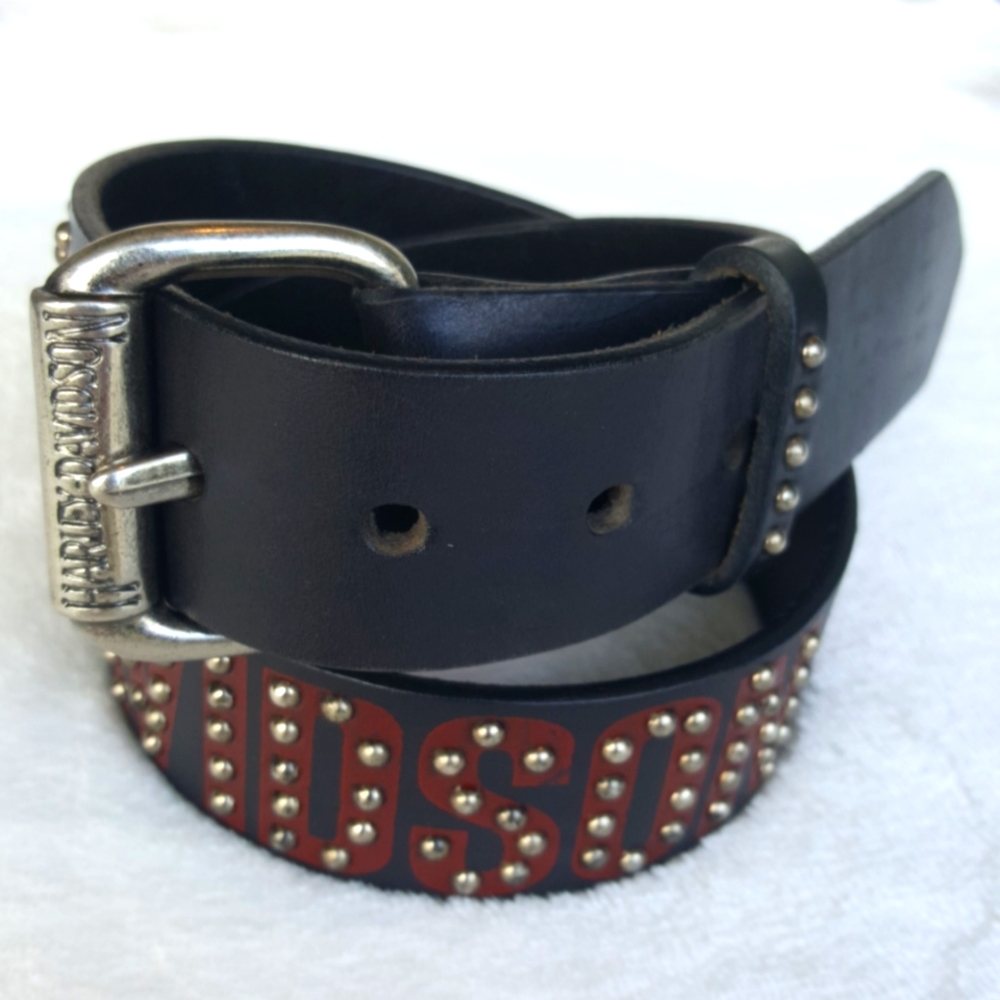 HARLEY-DAVIDSON ♡ Vintage Genuine Black Leather Red Lettered|Grommeted Belt XS26